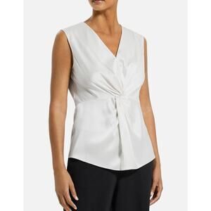 Theory Women's Sleeveless Soft Satin Twist Front Asymmestrical Blouse Sz 8 Rice